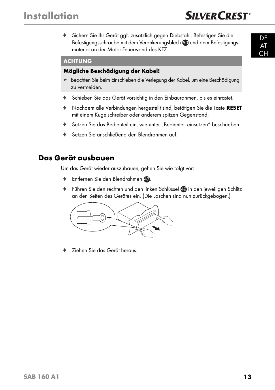 Installation, Das gerät ausbauen, De at ch | Silvercrest SAB 160 A1 User Manual | Page 17 / 204