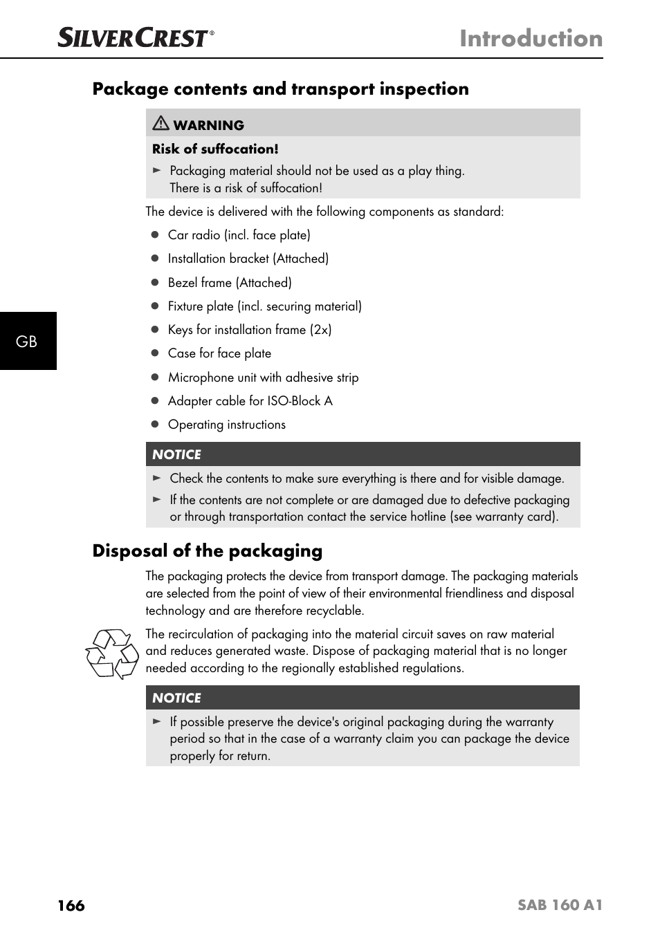 Introduction, Package contents and transport inspection, Disposal of the packaging | Silvercrest SAB 160 A1 User Manual | Page 170 / 204