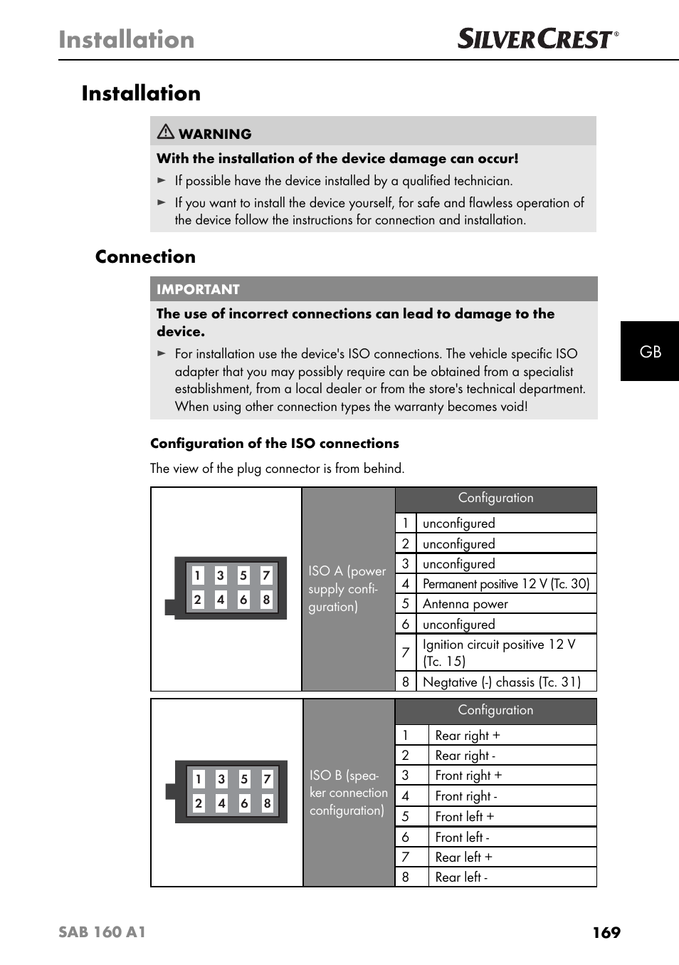 Installation, Connection | Silvercrest SAB 160 A1 User Manual | Page 173 / 204