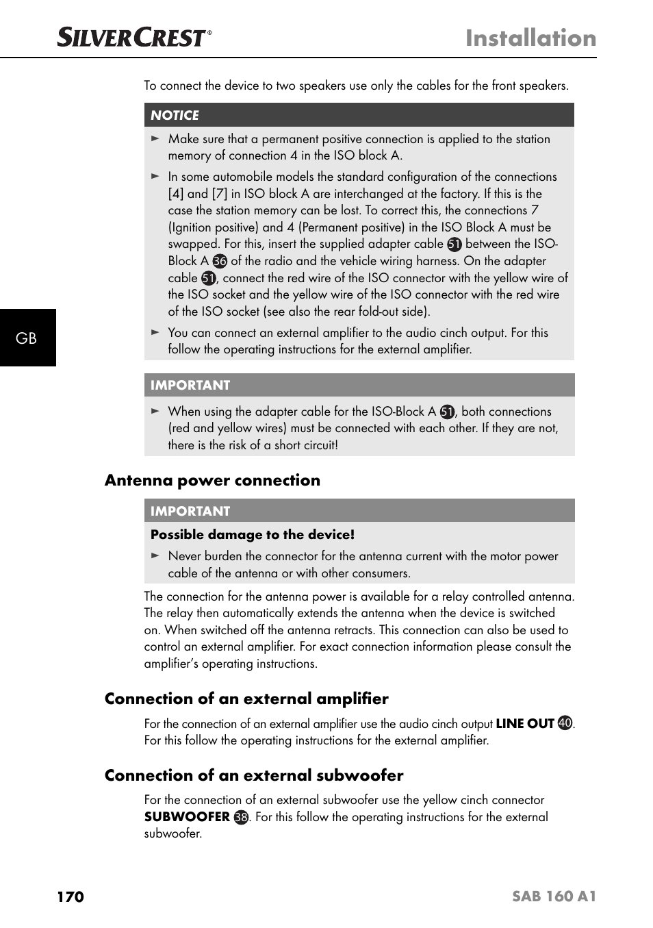 Installation, Antenna power connection, Connection of an external ampliﬁ er | Connection of an external subwoofer | Silvercrest SAB 160 A1 User Manual | Page 174 / 204