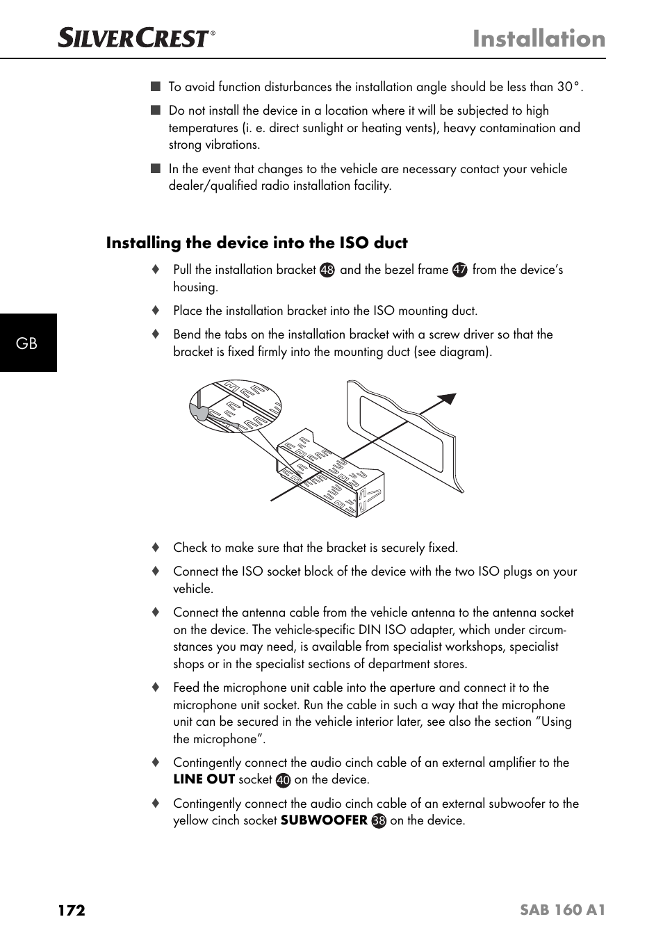 Installation, Installing the device into the iso duct | Silvercrest SAB 160 A1 User Manual | Page 176 / 204