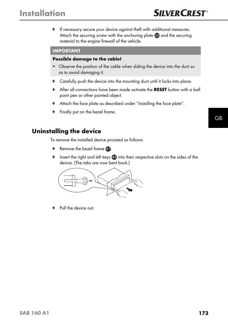 Installation, Uninstalling the device | Silvercrest SAB 160 A1 User Manual | Page 177 / 204