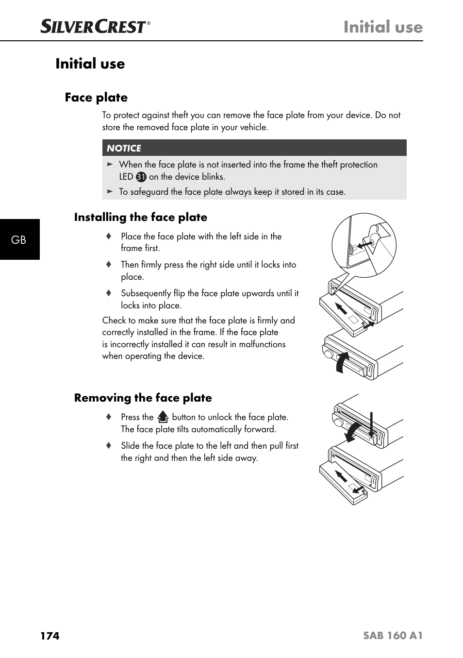 Initial use, Face plate, Installing the face plate | Removing the face plate | Silvercrest SAB 160 A1 User Manual | Page 178 / 204