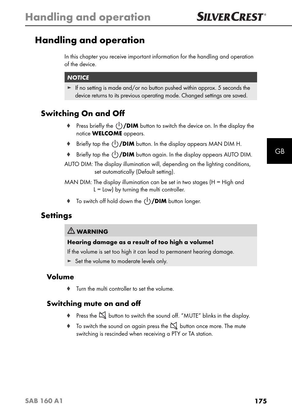 Handling and operation, Switching on and oﬀ, Settings | Volume, Switching mute on and oﬀ | Silvercrest SAB 160 A1 User Manual | Page 179 / 204