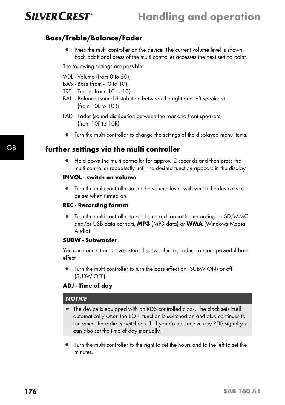 Handling and operation, Gb bass/treble/balance/fader, Further settings via the multi controller | Silvercrest SAB 160 A1 User Manual | Page 180 / 204