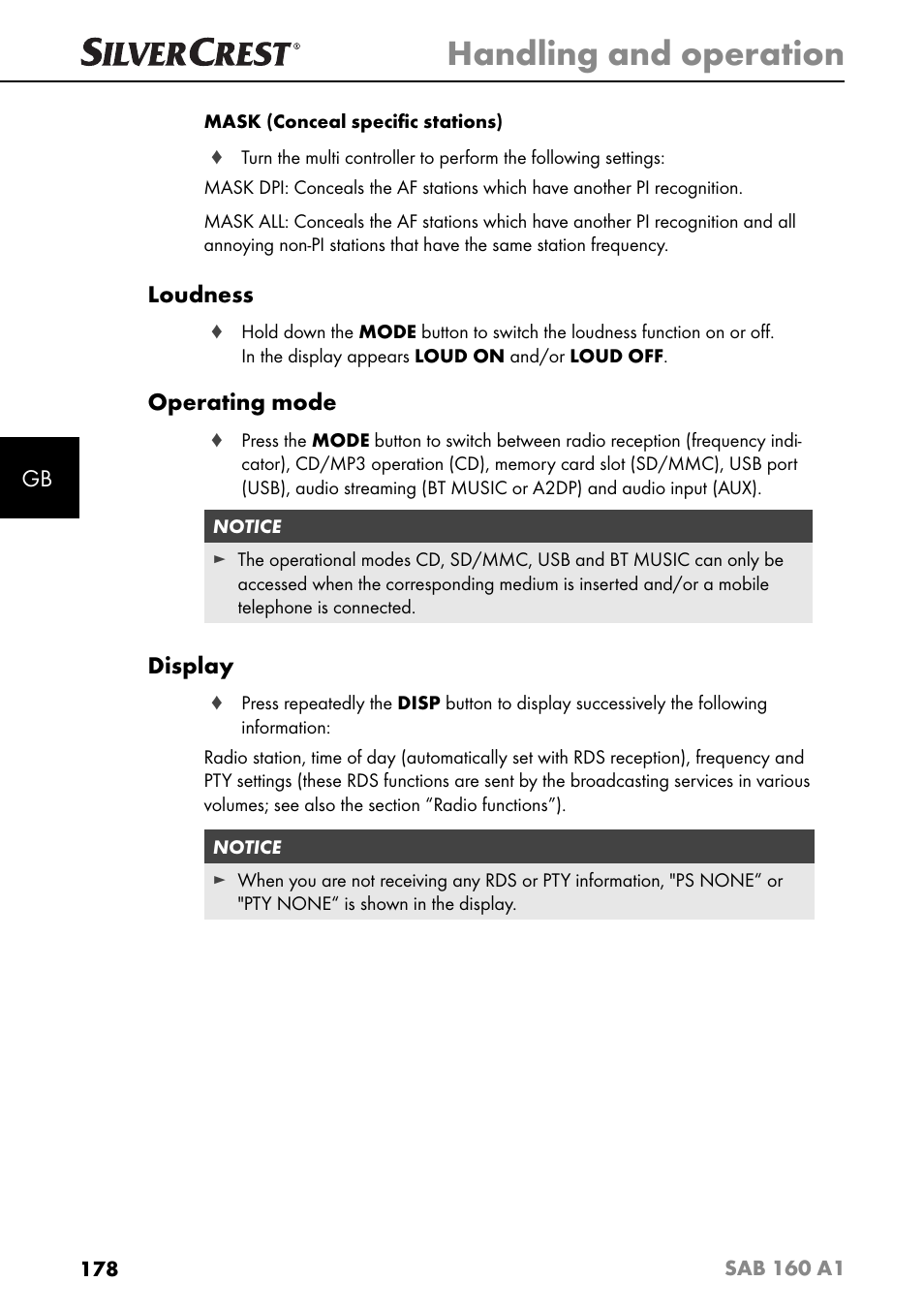 Handling and operation, Loudness, Operating mode | Display | Silvercrest SAB 160 A1 User Manual | Page 182 / 204