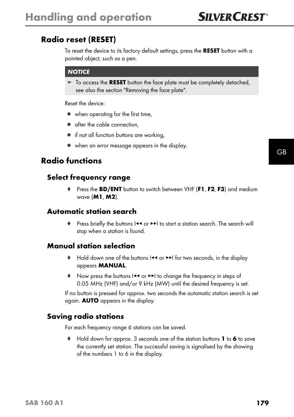 Handling and operation, Radio reset (reset), Radio functions | Select frequency range, Automatic station search, Manual station selection, Saving radio stations | Silvercrest SAB 160 A1 User Manual | Page 183 / 204