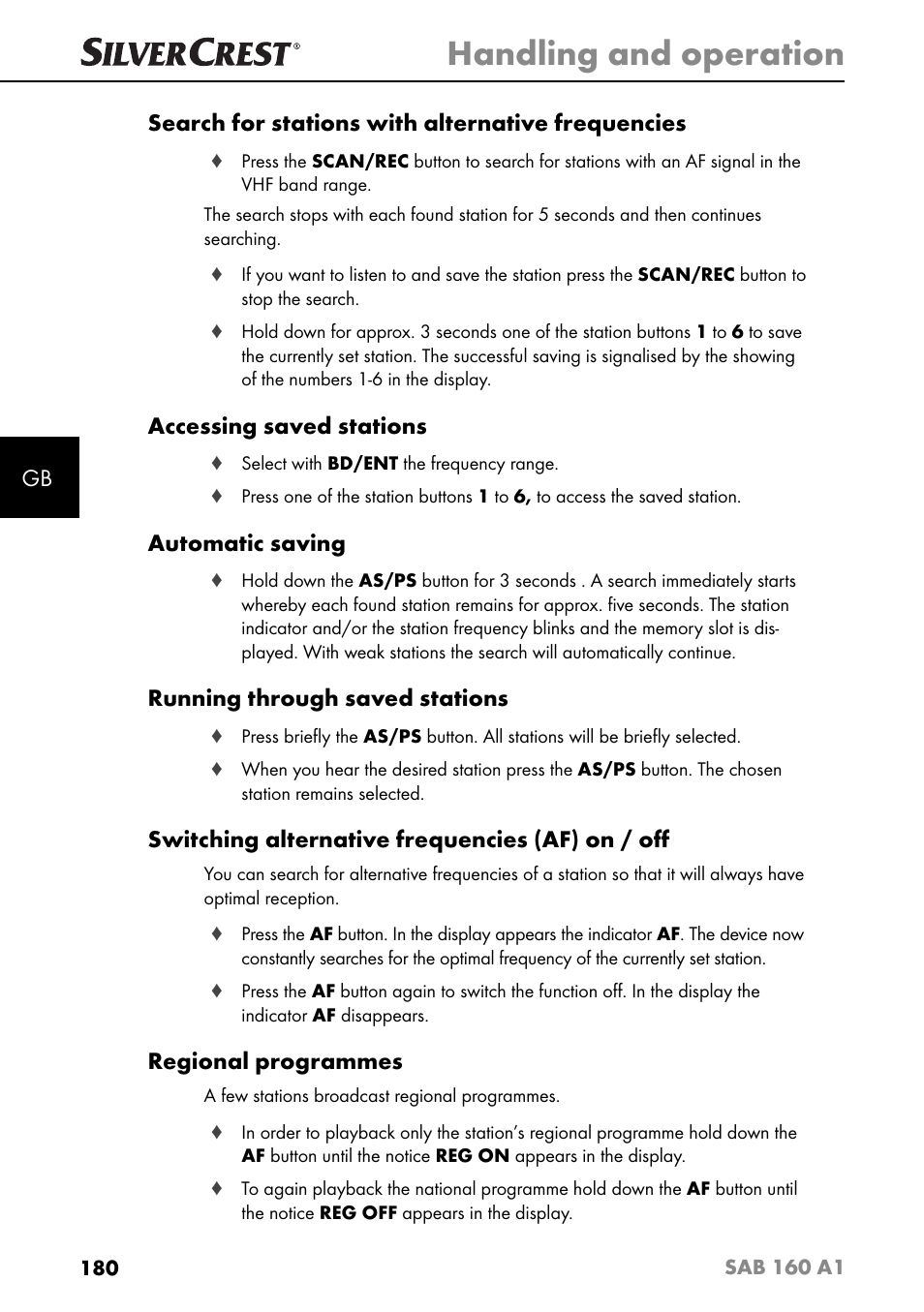 Handling and operation, Accessing saved stations, Automatic saving | Running through saved stations, Switching alternative frequencies (af) on / oﬀ, Regional programmes | Silvercrest SAB 160 A1 User Manual | Page 184 / 204