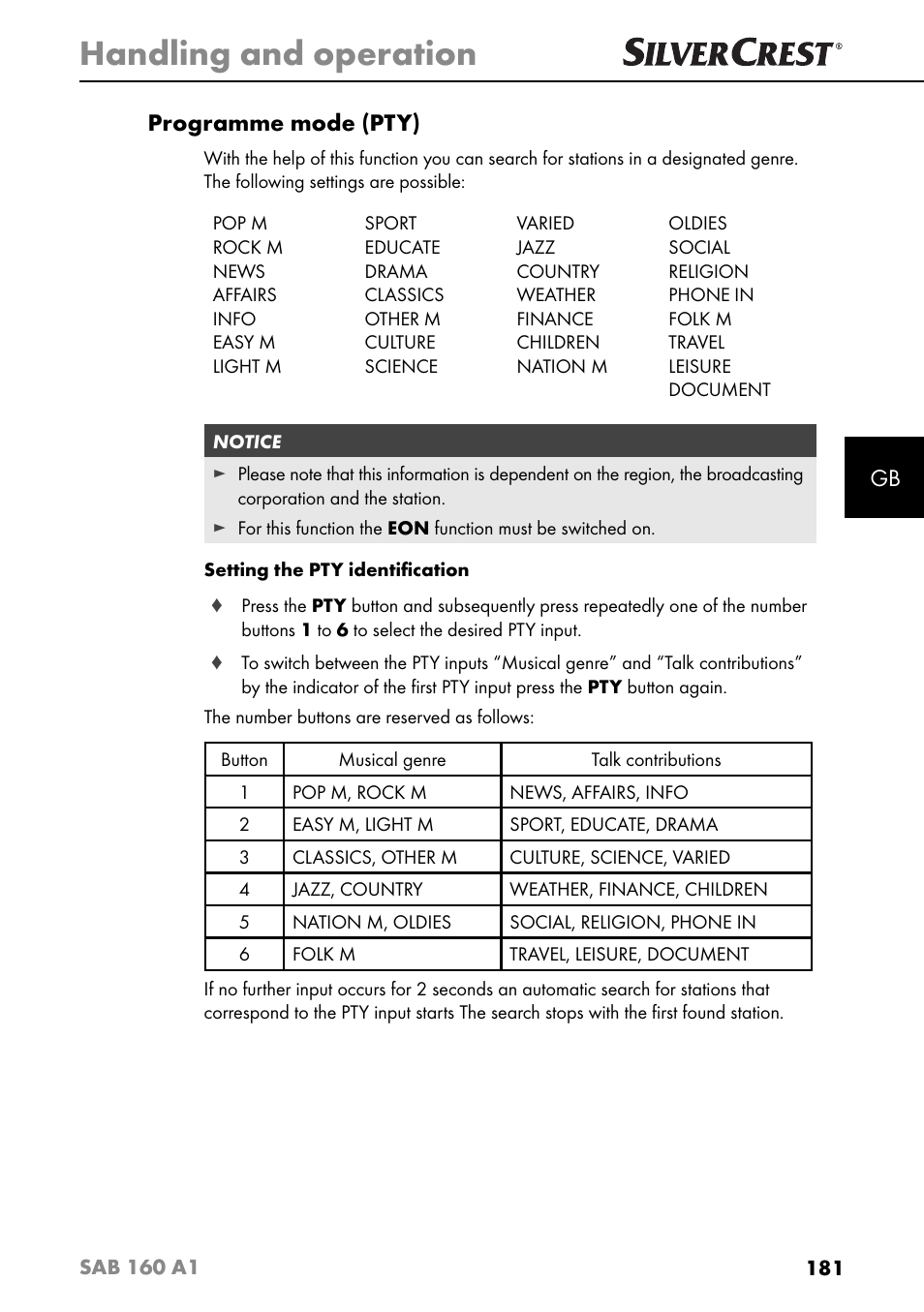 Handling and operation, Gb programme mode (pty) | Silvercrest SAB 160 A1 User Manual | Page 185 / 204