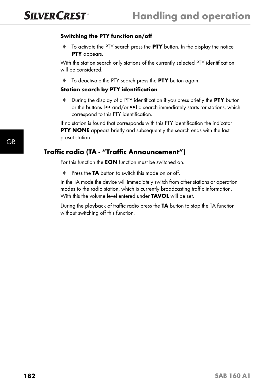 Handling and operation, Traﬃ c radio (ta - “traﬃ c announcement”) | Silvercrest SAB 160 A1 User Manual | Page 186 / 204