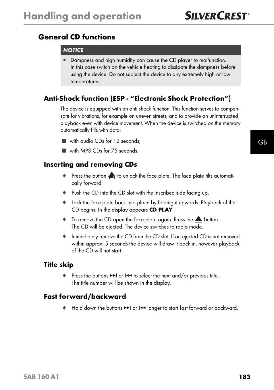 Handling and operation, General cd functions, Inserting and removing cds | Title skip, Fast forward/backward | Silvercrest SAB 160 A1 User Manual | Page 187 / 204