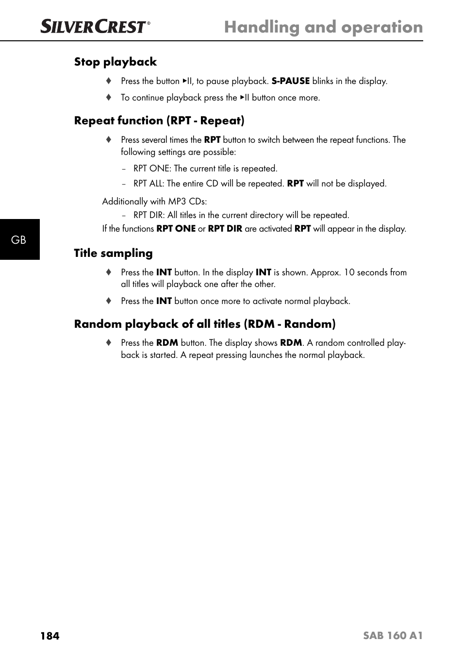 Handling and operation, Gb stop playback, Repeat function (rpt - repeat) | Title sampling, Random playback of all titles (rdm - random) | Silvercrest SAB 160 A1 User Manual | Page 188 / 204