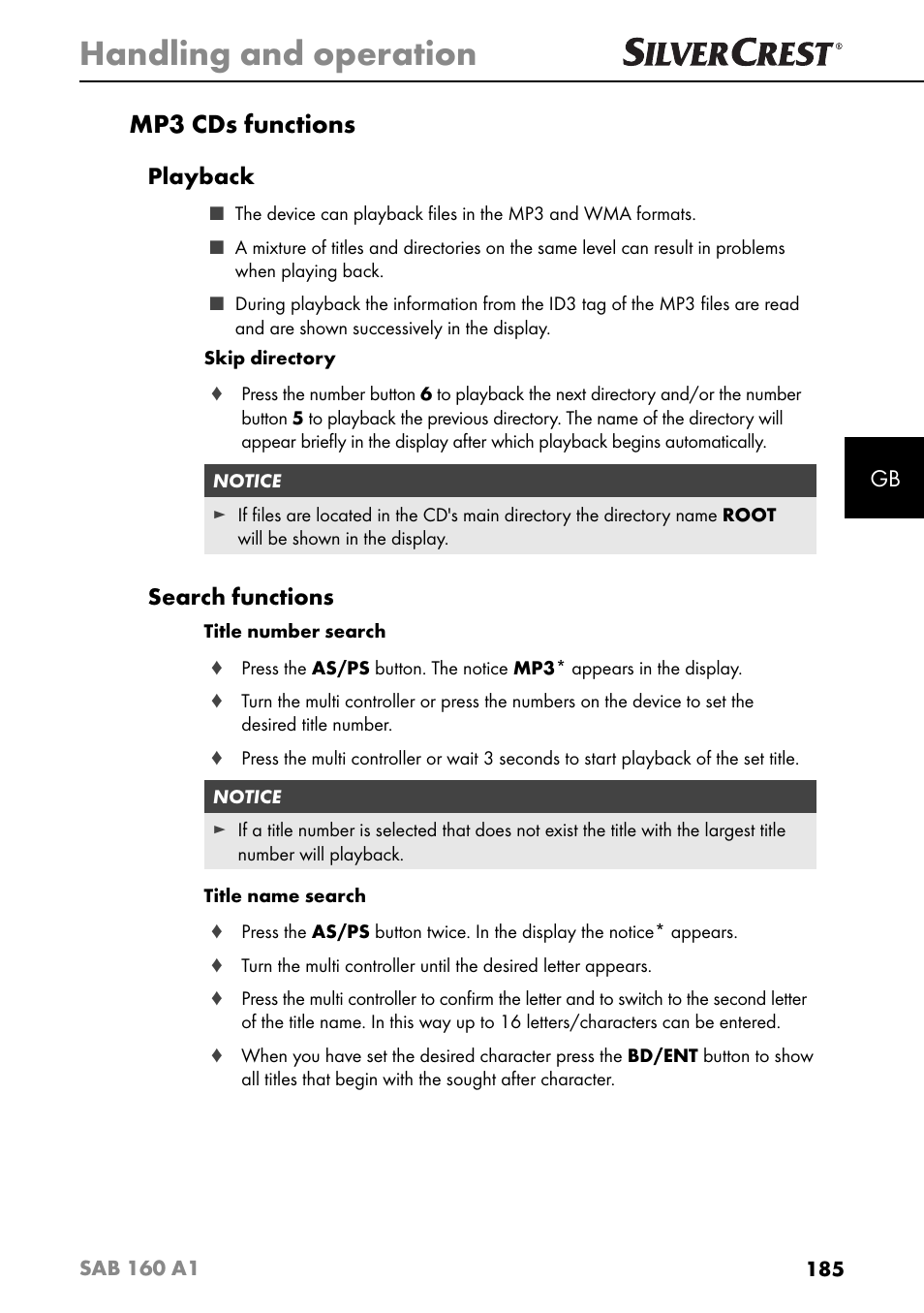 Handling and operation, Mp3 cds functions, Playback | Search functions | Silvercrest SAB 160 A1 User Manual | Page 189 / 204