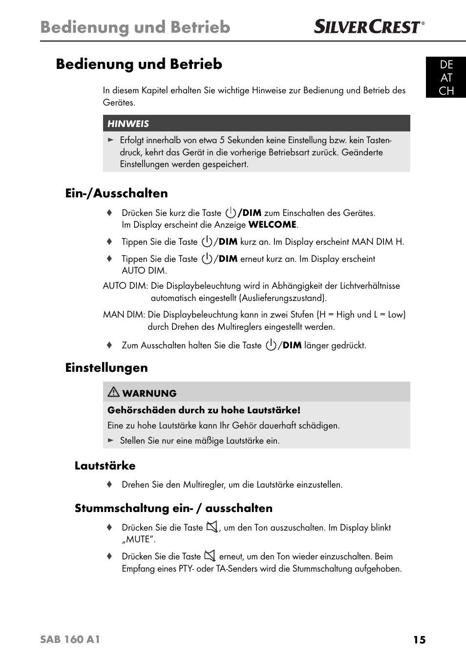 Bedienung und betrieb, Ein-/ausschalten, Einstellungen | De at ch, Lautstärke, Stummschaltung ein- / ausschalten | Silvercrest SAB 160 A1 User Manual | Page 19 / 204