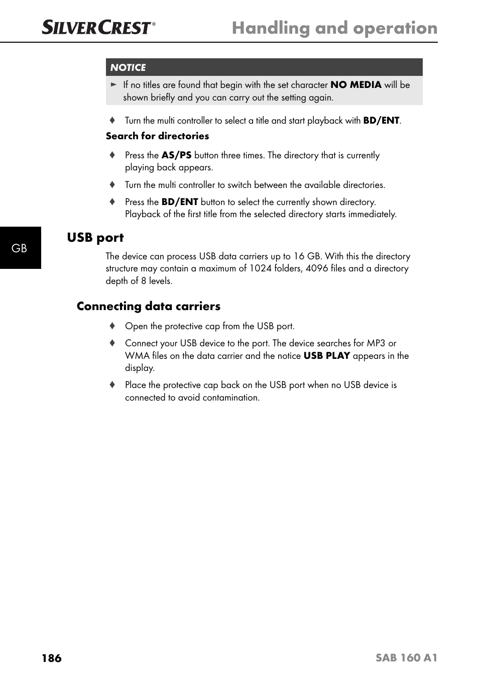 Handling and operation, Usb port, Connecting data carriers | Silvercrest SAB 160 A1 User Manual | Page 190 / 204