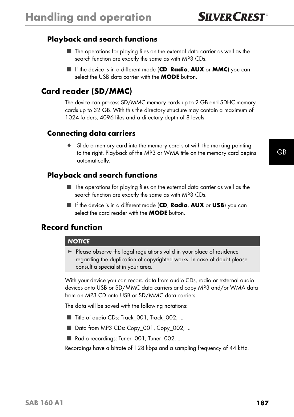 Handling and operation, Card reader (sd/mmc), Record function | Gb playback and search functions, Connecting data carriers, Playback and search functions | Silvercrest SAB 160 A1 User Manual | Page 191 / 204