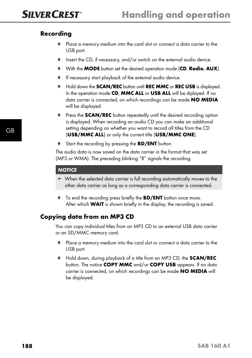 Handling and operation, Gb recording, Copying data from an mp3 cd | Silvercrest SAB 160 A1 User Manual | Page 192 / 204