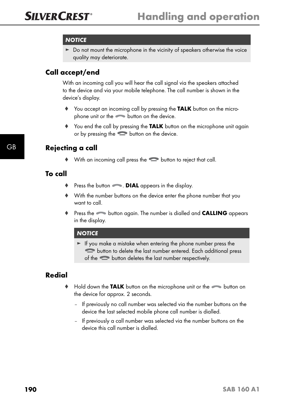 Handling and operation, Call accept/end, Rejecting a call | Redial | Silvercrest SAB 160 A1 User Manual | Page 194 / 204