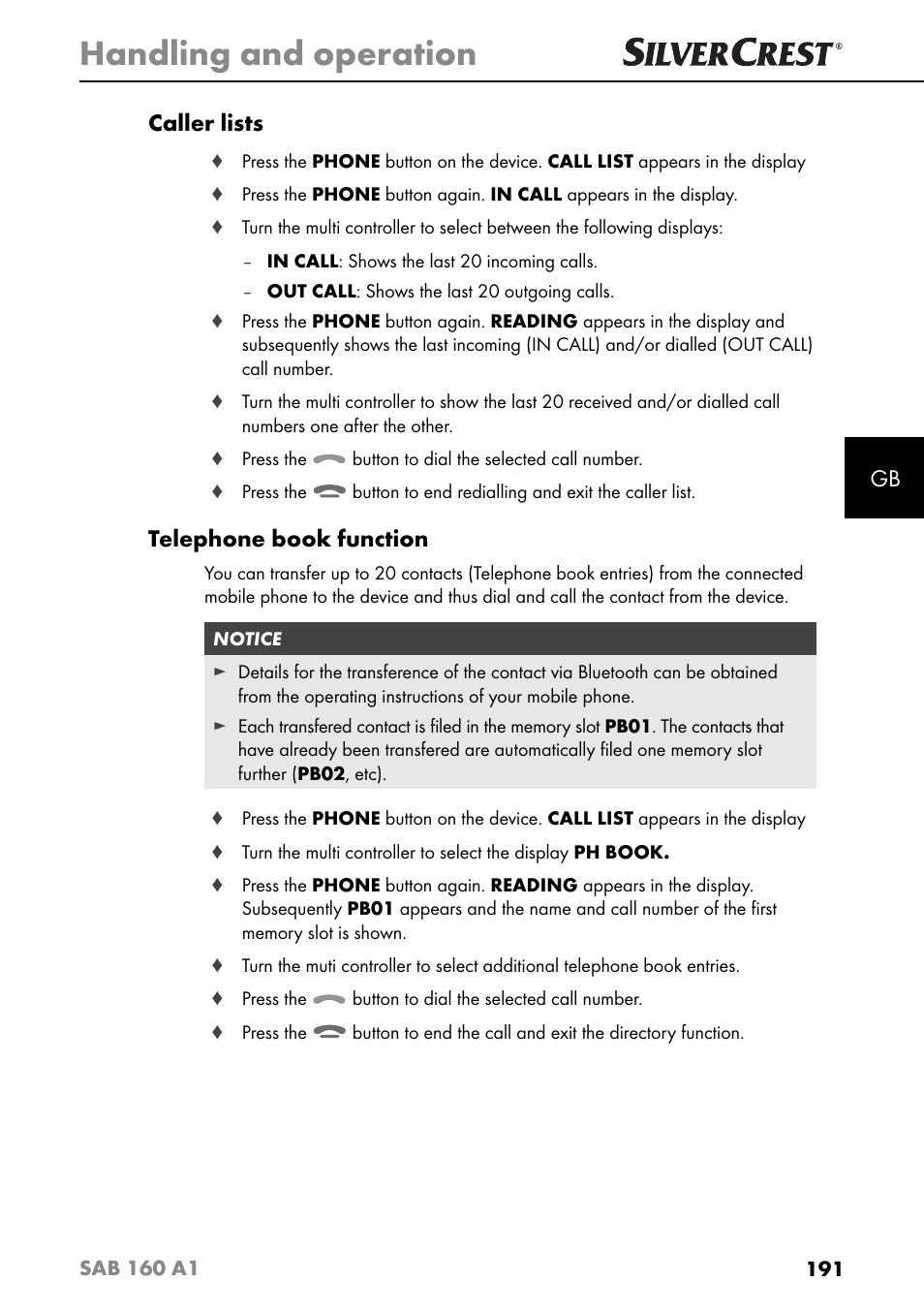 Handling and operation, Gb caller lists, Telephone book function | Silvercrest SAB 160 A1 User Manual | Page 195 / 204