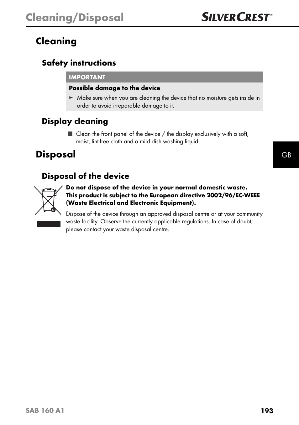 Cleaning/disposal, Cleaning, Disposal | Safety instructions, Display cleaning, Disposal of the device | Silvercrest SAB 160 A1 User Manual | Page 197 / 204