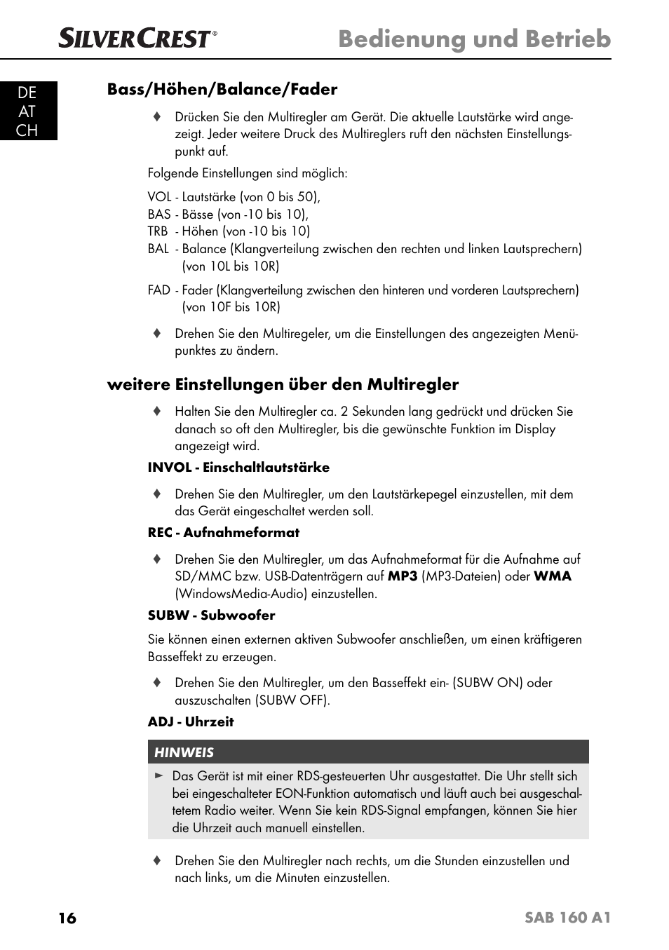 Bedienung und betrieb, De at ch bass/höhen/balance/fader, Weitere einstellungen über den multiregler | Silvercrest SAB 160 A1 User Manual | Page 20 / 204