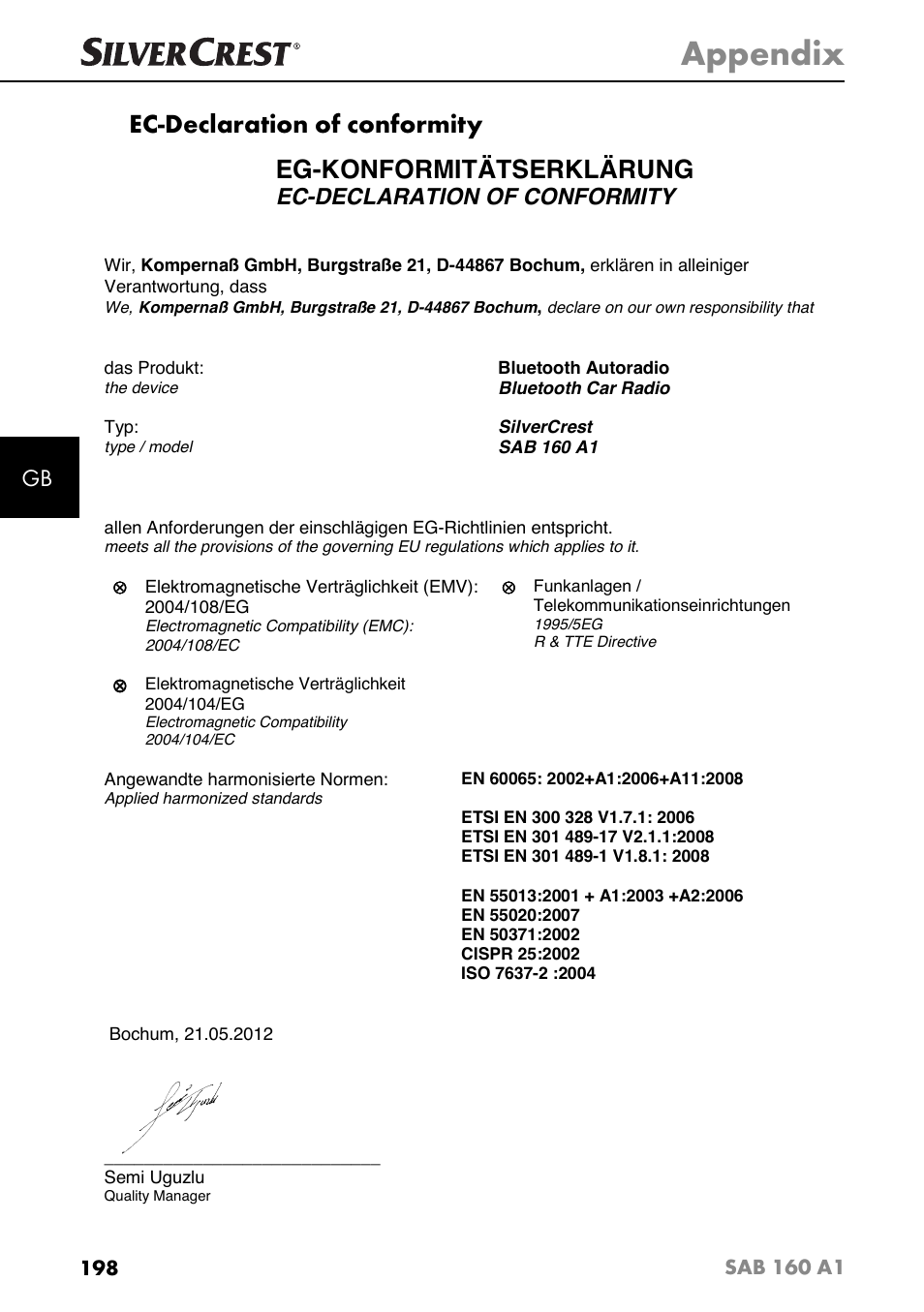 Appendix, Ec-declaration of conformity, Eg-konformitätserklärung | Sab 160 a1 | Silvercrest SAB 160 A1 User Manual | Page 202 / 204