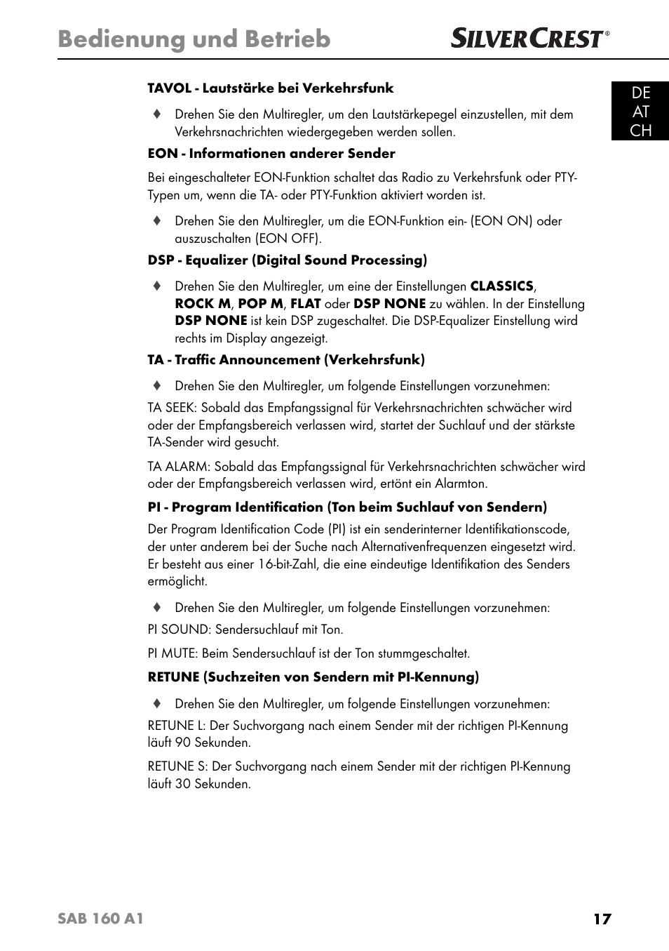 Bedienung und betrieb, De at ch | Silvercrest SAB 160 A1 User Manual | Page 21 / 204