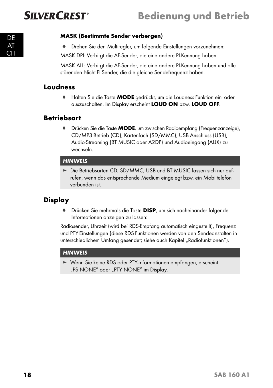 Bedienung und betrieb, De at ch, Loudness | Betriebsart, Display | Silvercrest SAB 160 A1 User Manual | Page 22 / 204