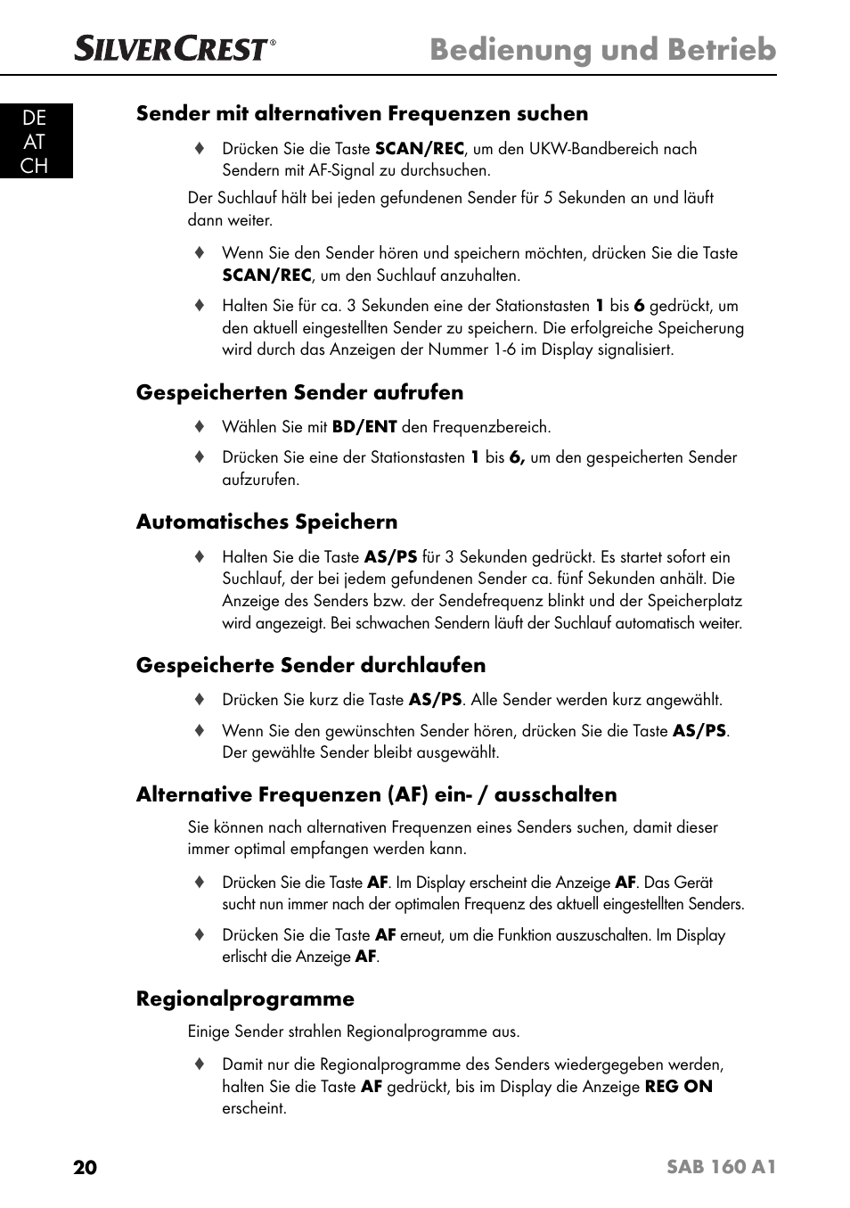 Bedienung und betrieb, De at ch sender mit alternativen frequenzen suchen, Gespeicherten sender aufrufen | Automatisches speichern, Gespeicherte sender durchlaufen, Alternative frequenzen (af) ein- / ausschalten, Regionalprogramme | Silvercrest SAB 160 A1 User Manual | Page 24 / 204