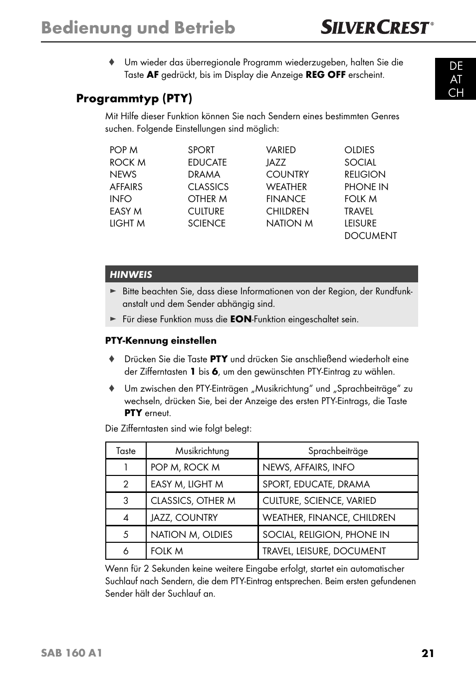 Bedienung und betrieb, De at ch, Programmtyp (pty) | Silvercrest SAB 160 A1 User Manual | Page 25 / 204