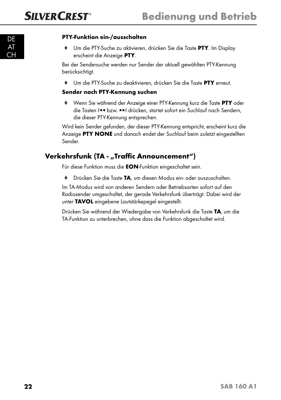 Bedienung und betrieb, De at ch, Verkehrsfunk (ta - „traﬃ c announcement“) | Silvercrest SAB 160 A1 User Manual | Page 26 / 204