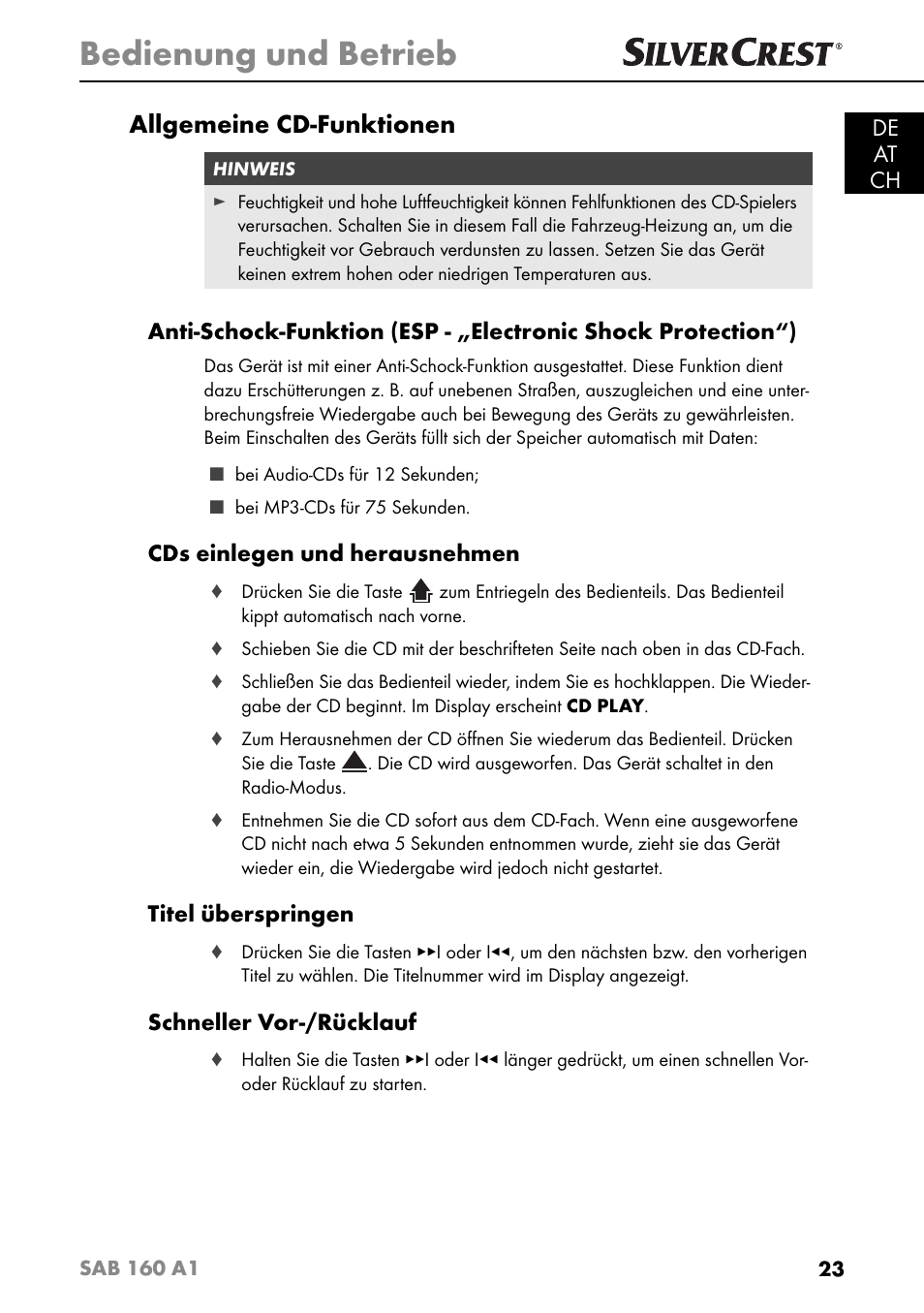 Bedienung und betrieb, Allgemeine cd-funktionen, De at ch | Cds einlegen und herausnehmen, Titel überspringen, Schneller vor-/rücklauf | Silvercrest SAB 160 A1 User Manual | Page 27 / 204