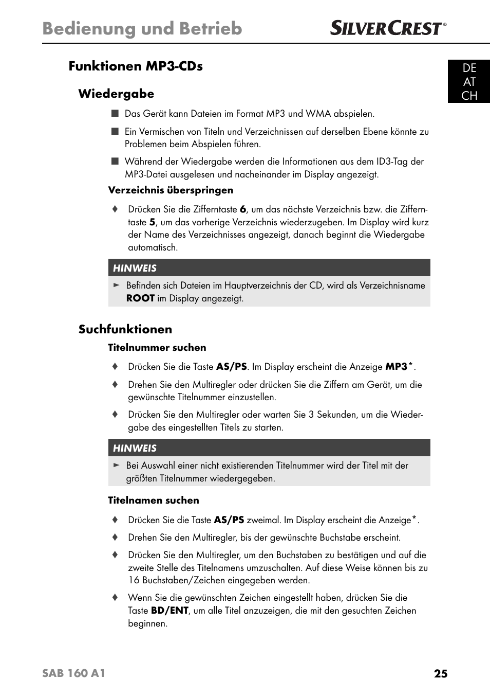 Bedienung und betrieb, Funktionen mp3-cds, De at ch | Wiedergabe, Suchfunktionen | Silvercrest SAB 160 A1 User Manual | Page 29 / 204