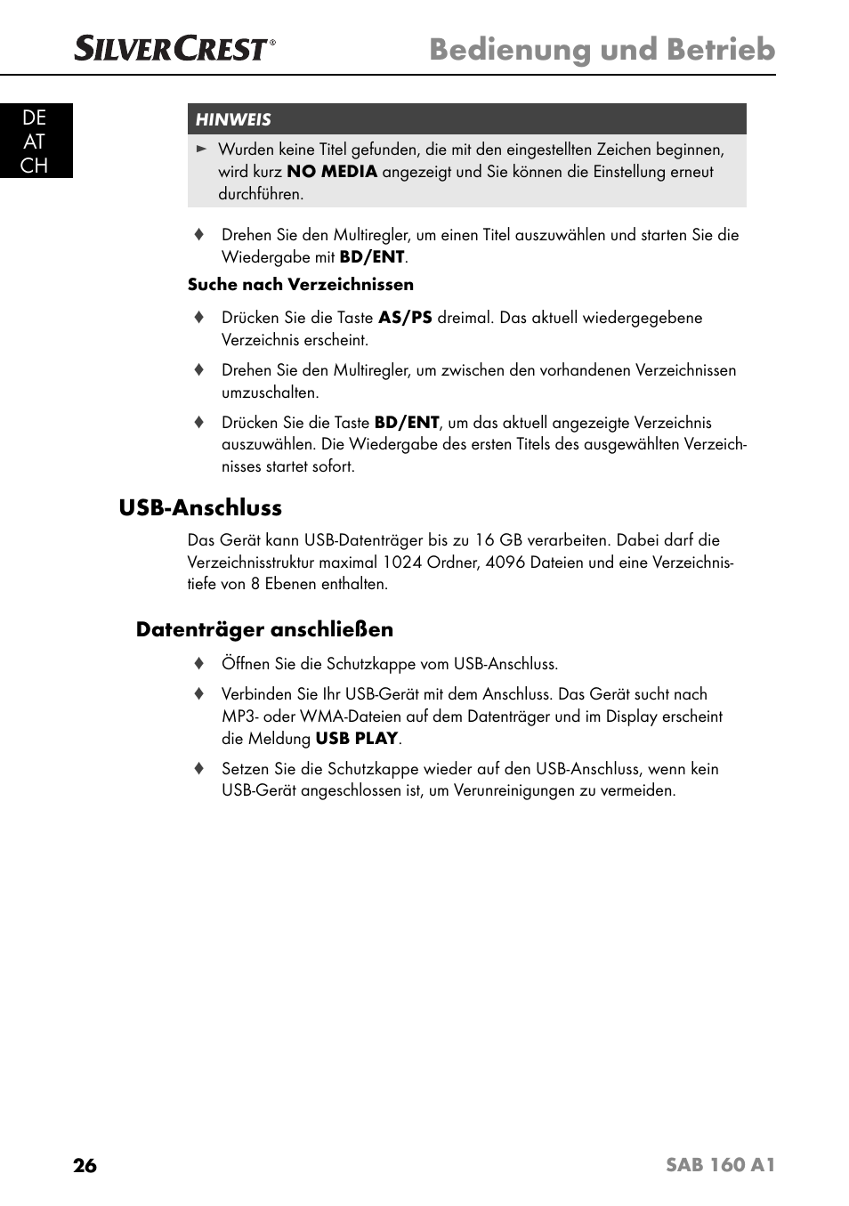 Bedienung und betrieb, Usb-anschluss, De at ch | Datenträger anschließen | Silvercrest SAB 160 A1 User Manual | Page 30 / 204