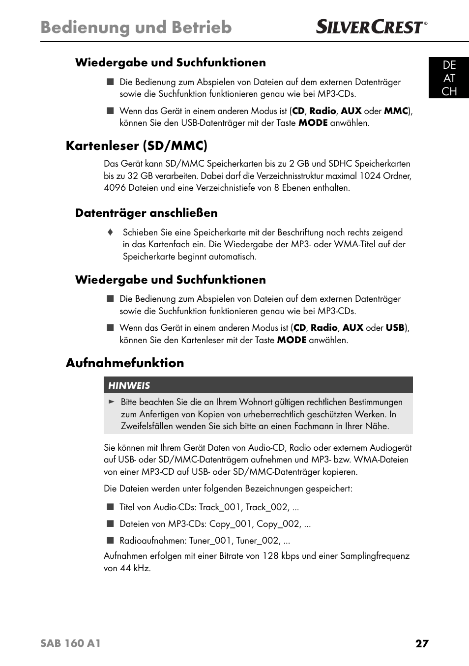 Bedienung und betrieb, Kartenleser (sd/mmc), Aufnahmefunktion | De at ch wiedergabe und suchfunktionen, Datenträger anschließen, Wiedergabe und suchfunktionen | Silvercrest SAB 160 A1 User Manual | Page 31 / 204