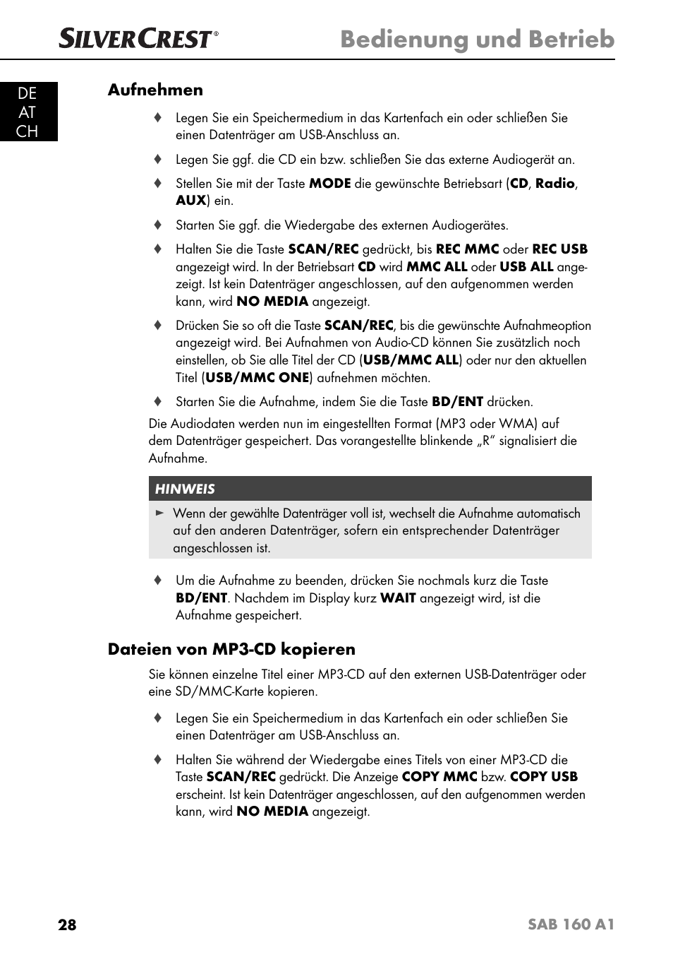 Bedienung und betrieb, De at ch aufnehmen, Dateien von mp3-cd kopieren | Silvercrest SAB 160 A1 User Manual | Page 32 / 204