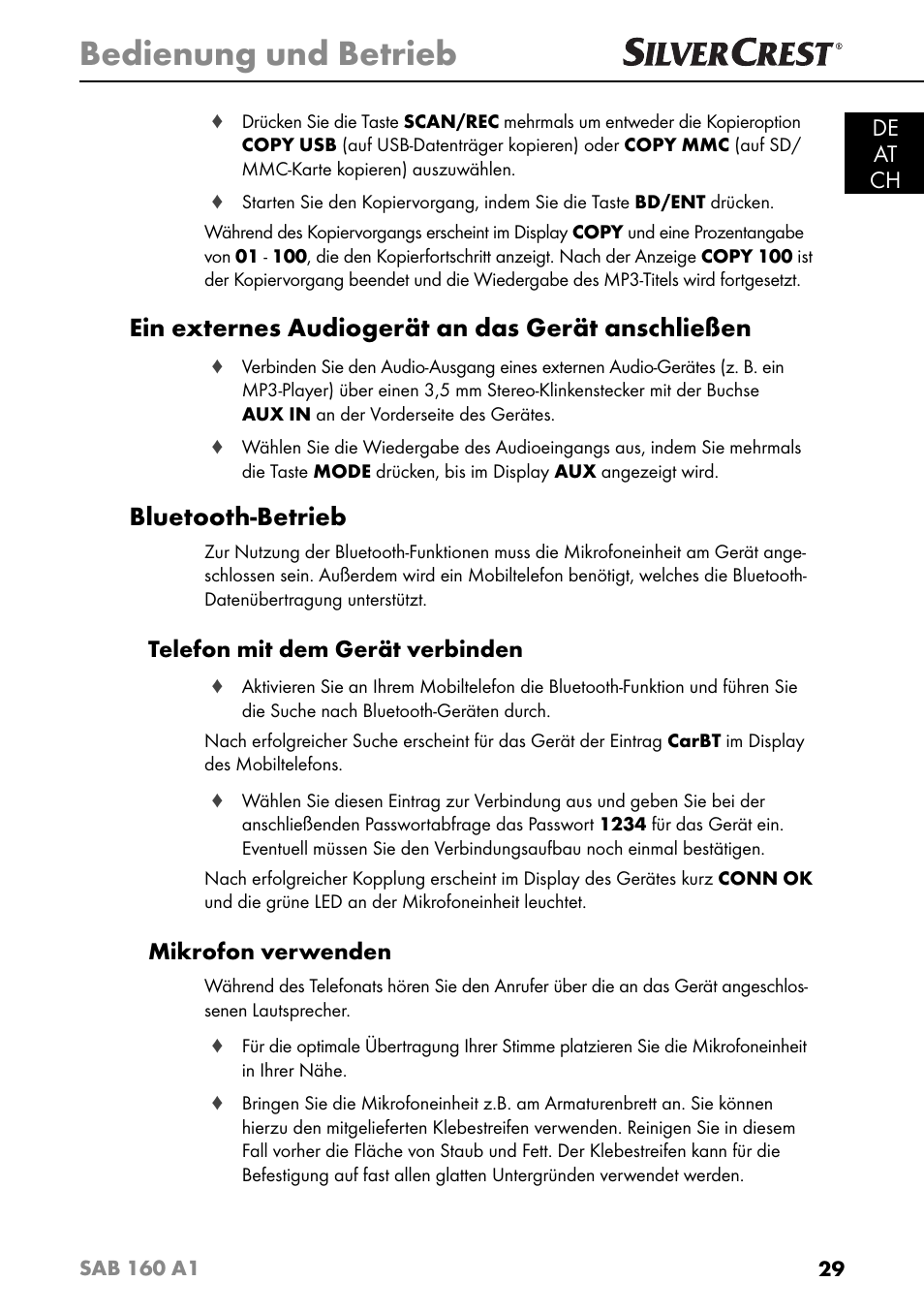 Bedienung und betrieb, Ein externes audiogerät an das gerät anschließen, Bluetooth-betrieb | De at ch, Telefon mit dem gerät verbinden, Mikrofon verwenden | Silvercrest SAB 160 A1 User Manual | Page 33 / 204