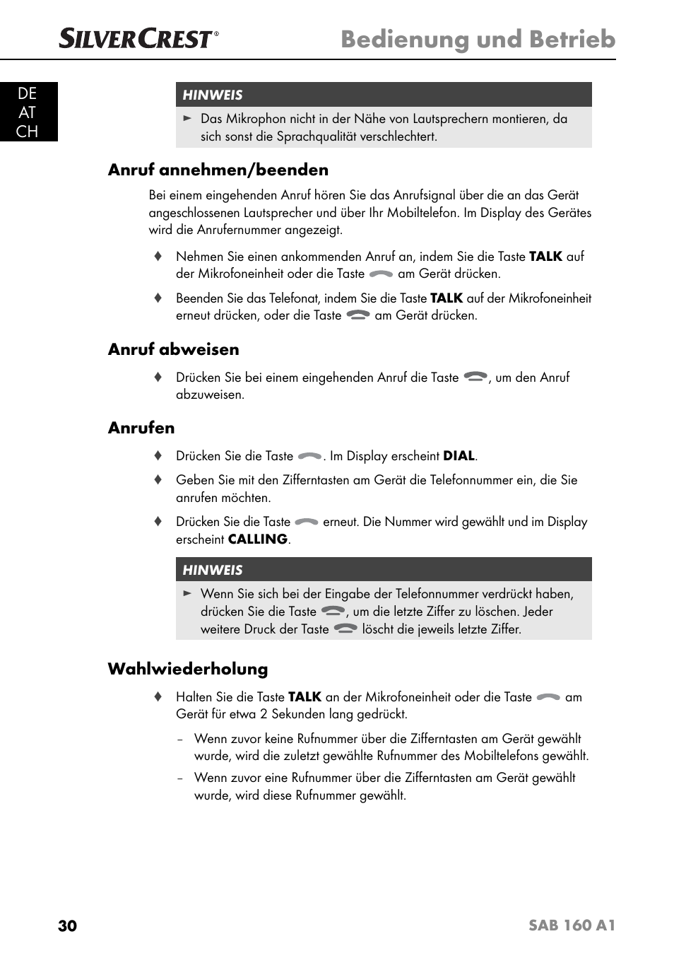 Bedienung und betrieb, De at ch, Anruf annehmen/beenden | Anruf abweisen, Anrufen, Wahlwiederholung | Silvercrest SAB 160 A1 User Manual | Page 34 / 204