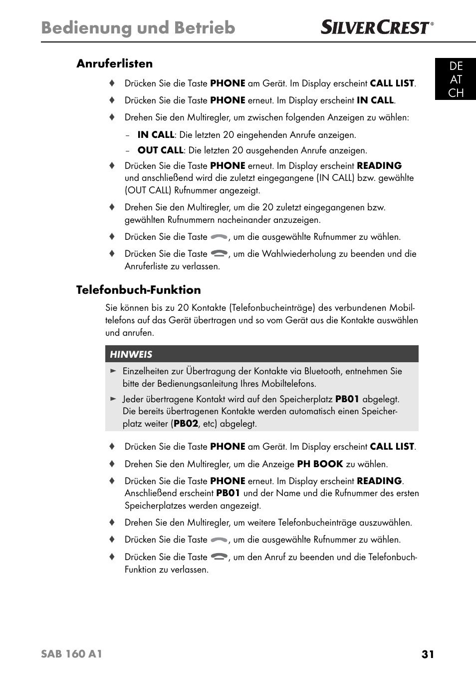 Bedienung und betrieb, De at ch anruferlisten, Telefonbuch-funktion | Silvercrest SAB 160 A1 User Manual | Page 35 / 204