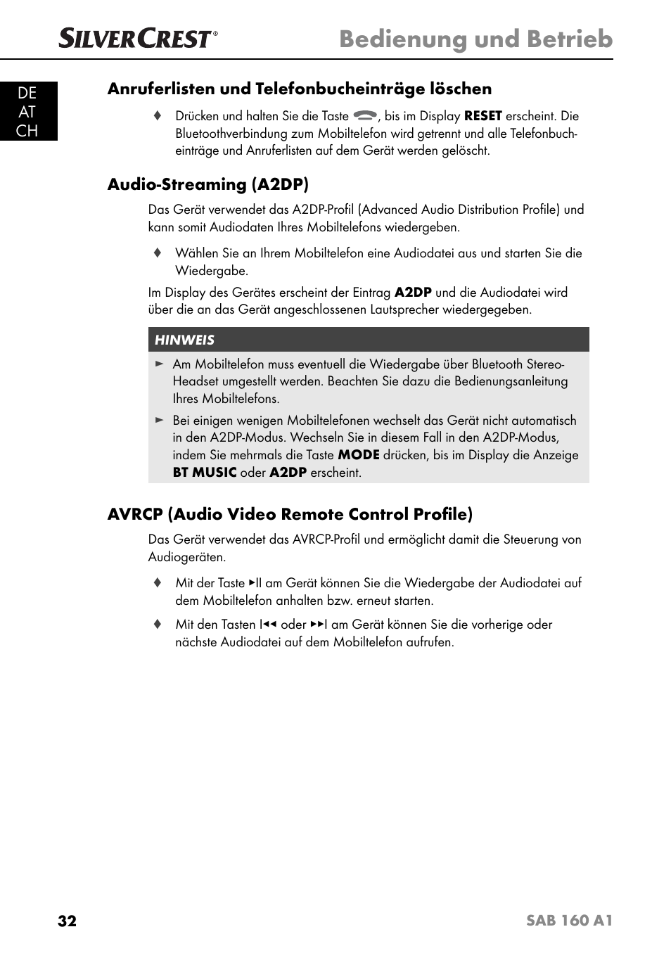 Bedienung und betrieb, Audio-streaming (a2dp), Avrcp (audio video remote control proﬁ le) | Silvercrest SAB 160 A1 User Manual | Page 36 / 204
