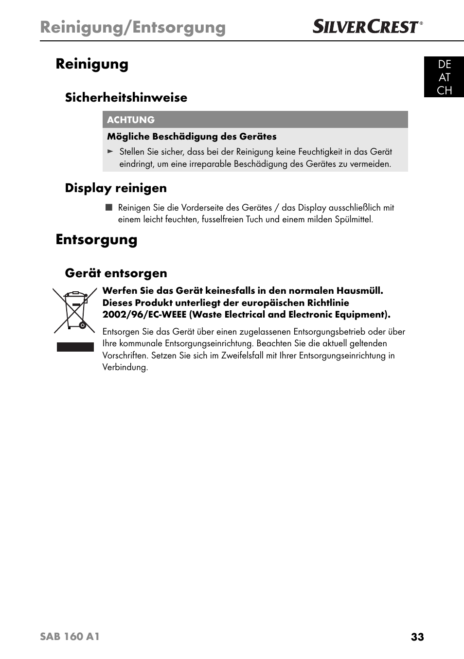 Reinigung/entsorgung, Reinigung, Entsorgung | Sicherheitshinweise, Display reinigen, Gerät entsorgen | Silvercrest SAB 160 A1 User Manual | Page 37 / 204