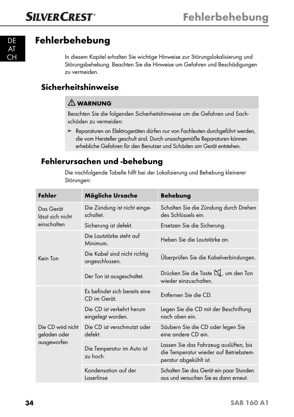 Fehlerbehebung, Sicherheitshinweise, Fehlerursachen und -behebung | De at ch | Silvercrest SAB 160 A1 User Manual | Page 38 / 204