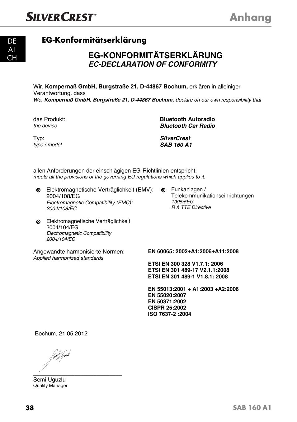 Anhang, Eg-konformitätserklärung, De at ch | Ec-declaration of conformity | Silvercrest SAB 160 A1 User Manual | Page 42 / 204