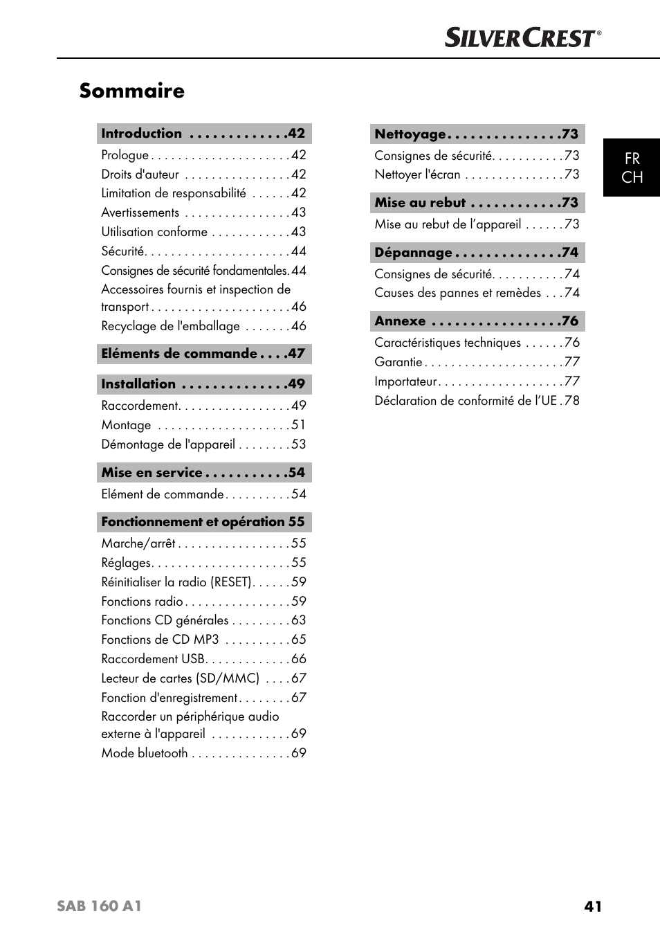 Sommaire, Fr ch | Silvercrest SAB 160 A1 User Manual | Page 45 / 204