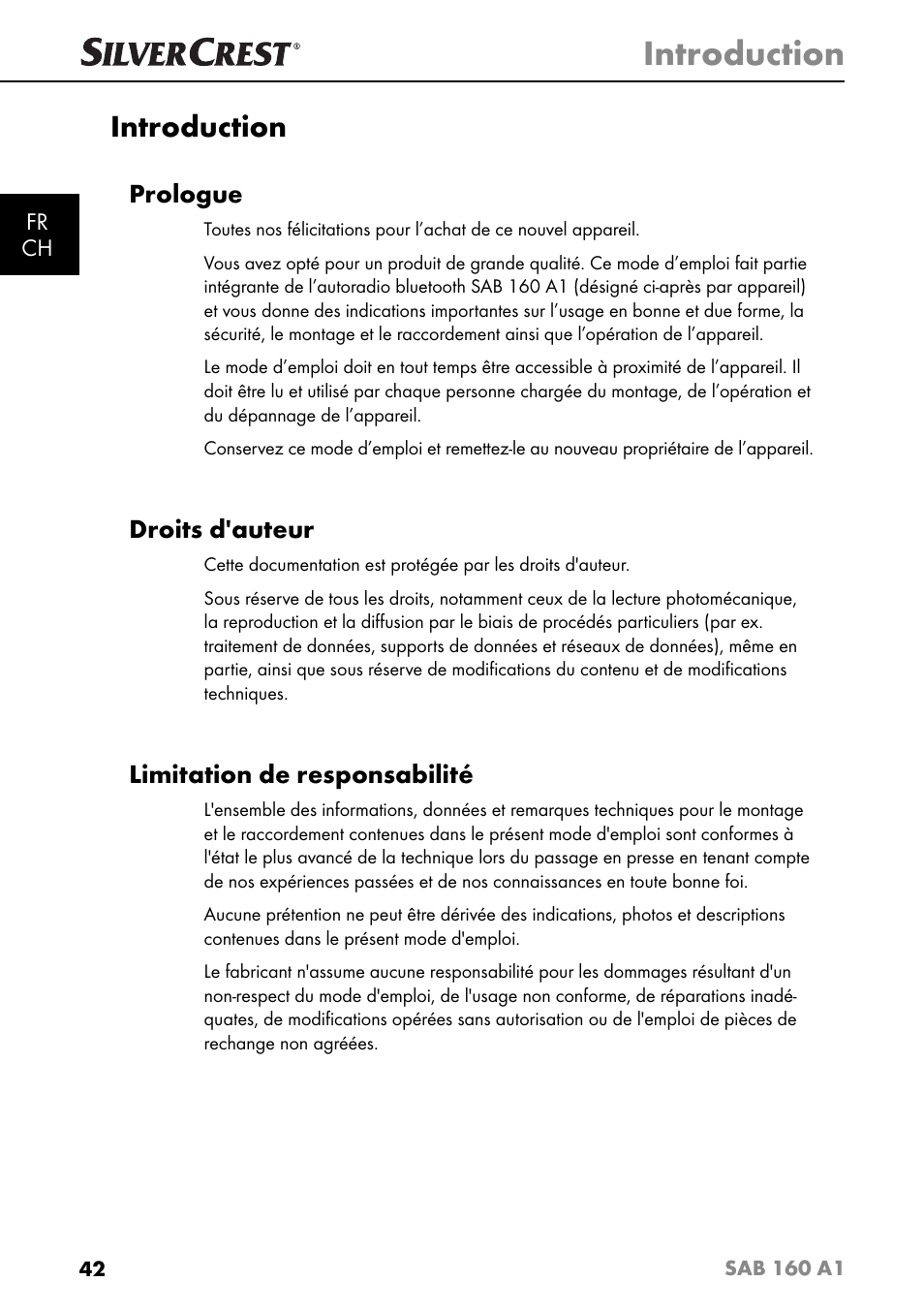 Introduction, Prologue, Droits d'auteur | Limitation de responsabilité | Silvercrest SAB 160 A1 User Manual | Page 46 / 204