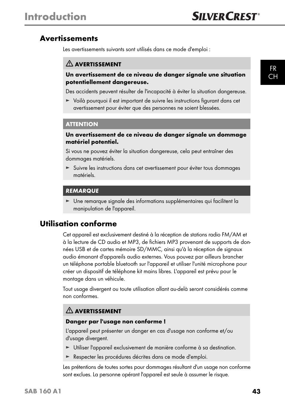 Introduction, Avertissements, Utilisation conforme | Fr ch | Silvercrest SAB 160 A1 User Manual | Page 47 / 204