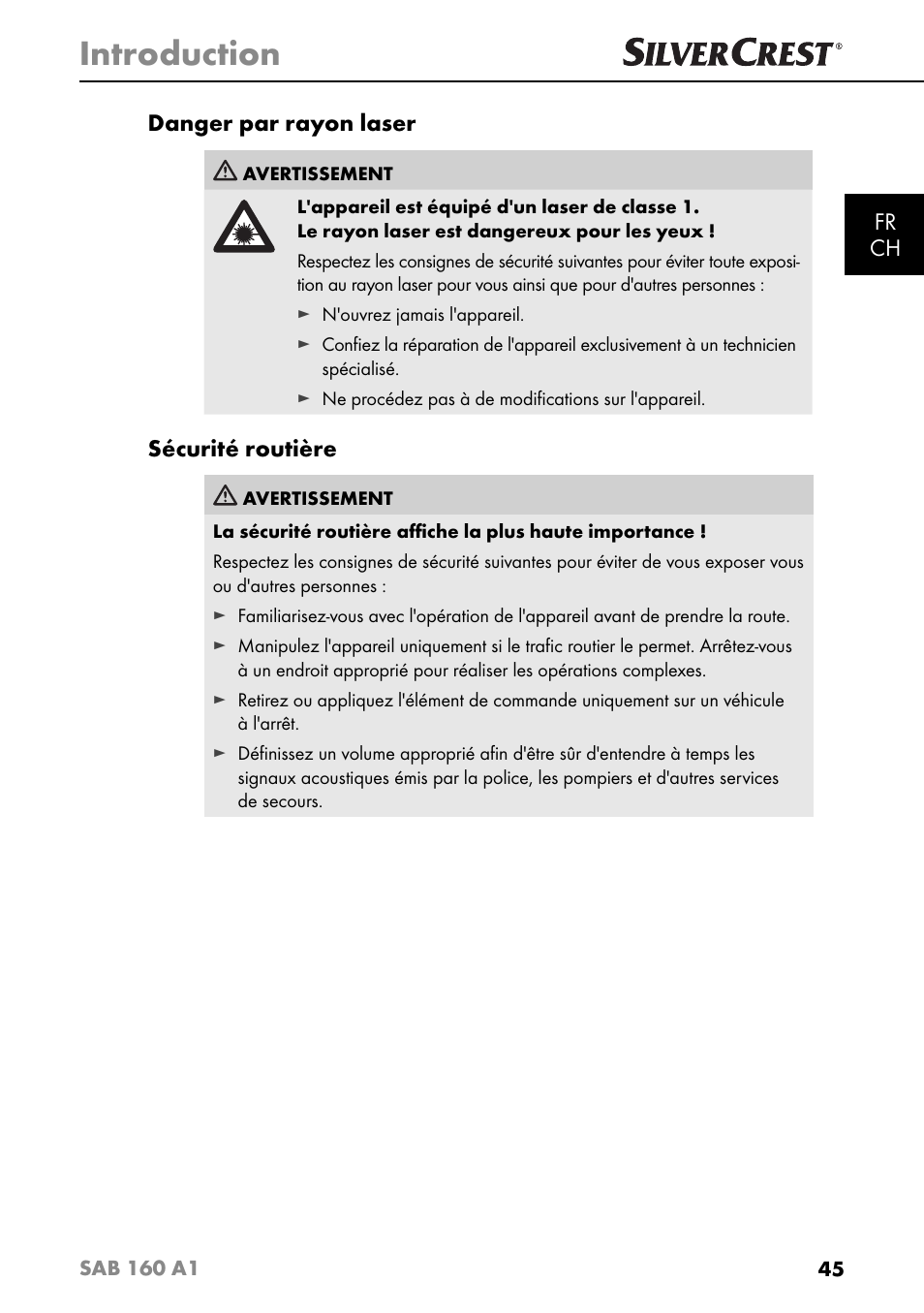 Introduction, Fr ch danger par rayon laser, Sécurité routière | Silvercrest SAB 160 A1 User Manual | Page 49 / 204