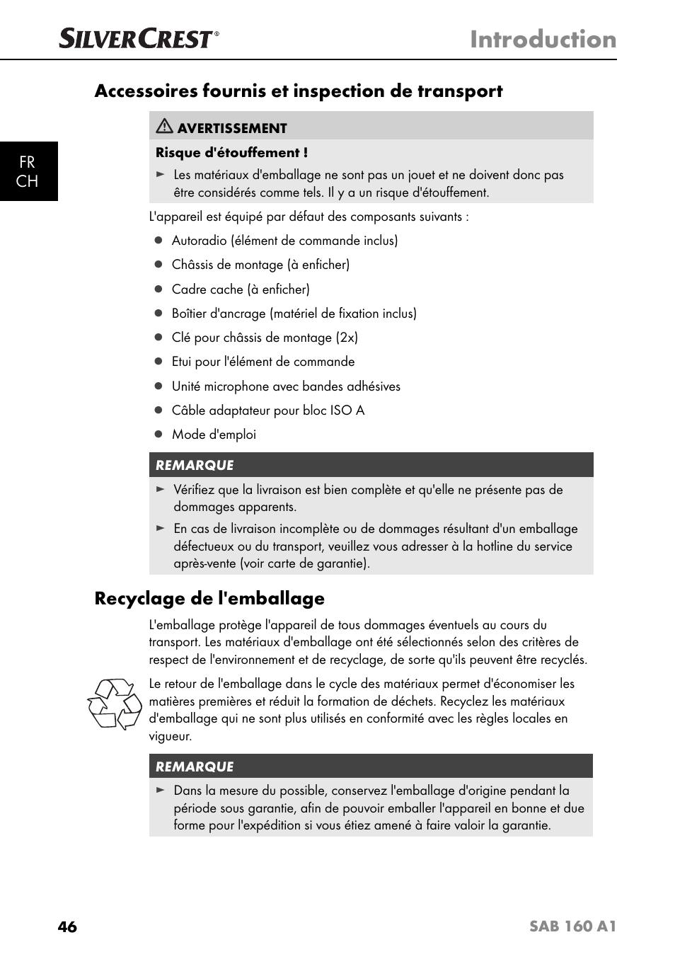 Introduction, Accessoires fournis et inspection de transport, Recyclage de l'emballage | Fr ch | Silvercrest SAB 160 A1 User Manual | Page 50 / 204