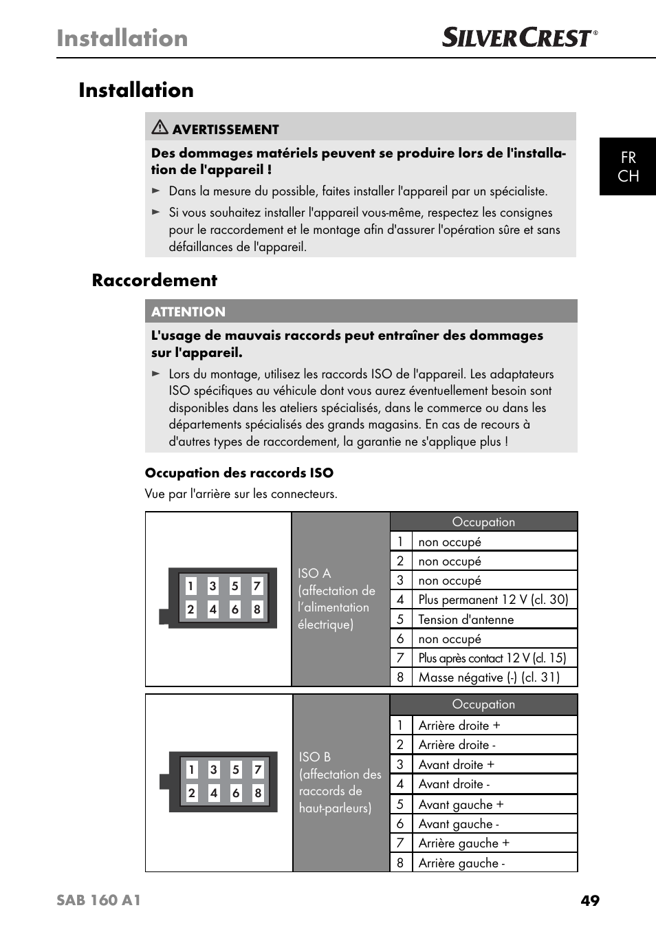 Installation, Raccordement, Fr ch | Silvercrest SAB 160 A1 User Manual | Page 53 / 204