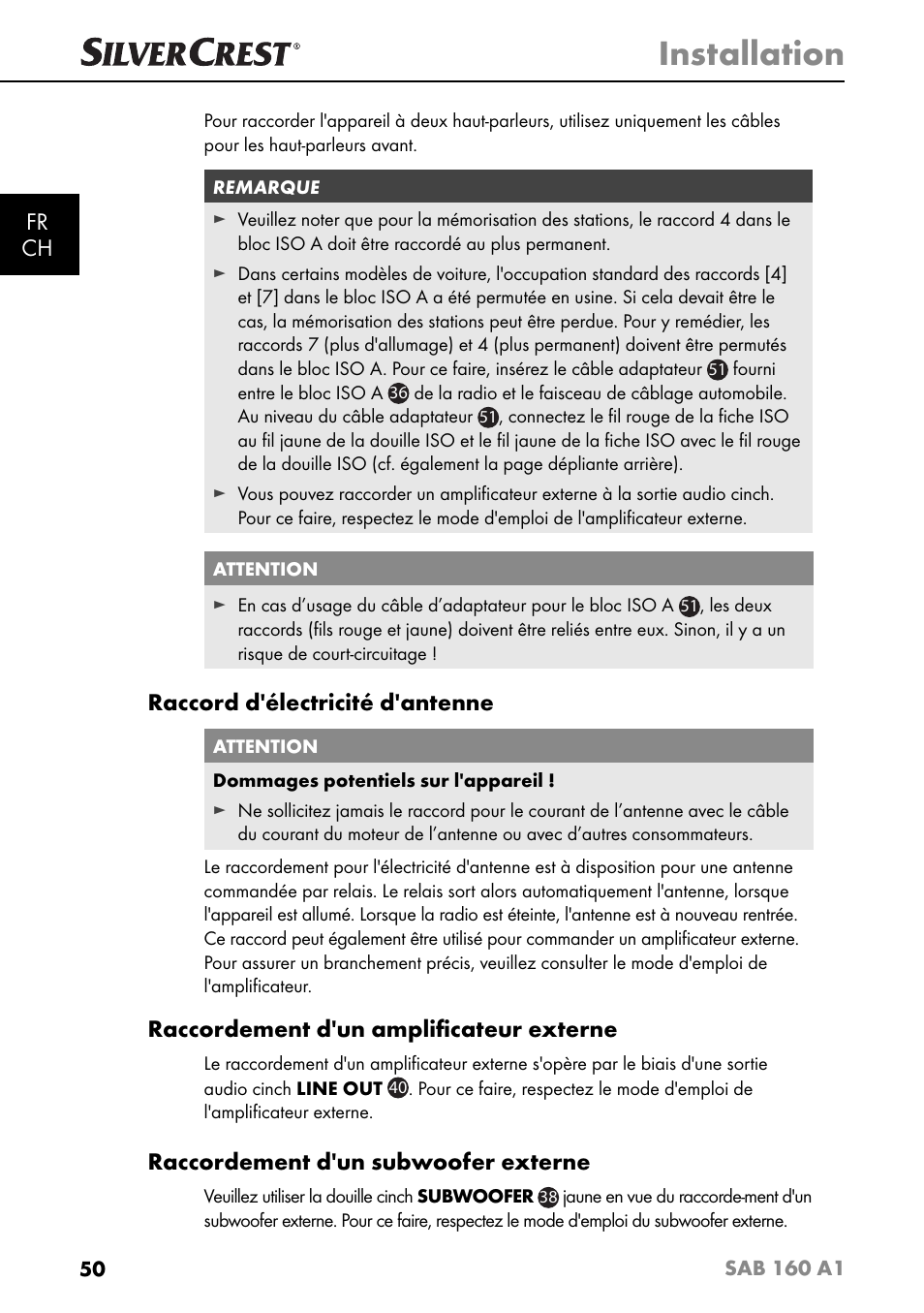 Installation, Fr ch, Raccord d'électricité d'antenne | Raccordement d'un ampliﬁ cateur externe, Raccordement d'un subwoofer externe | Silvercrest SAB 160 A1 User Manual | Page 54 / 204